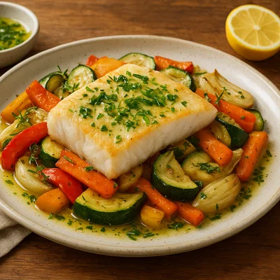 Eisfisch auf Ofengemüse mit Zitronen-Kräuter-Öl