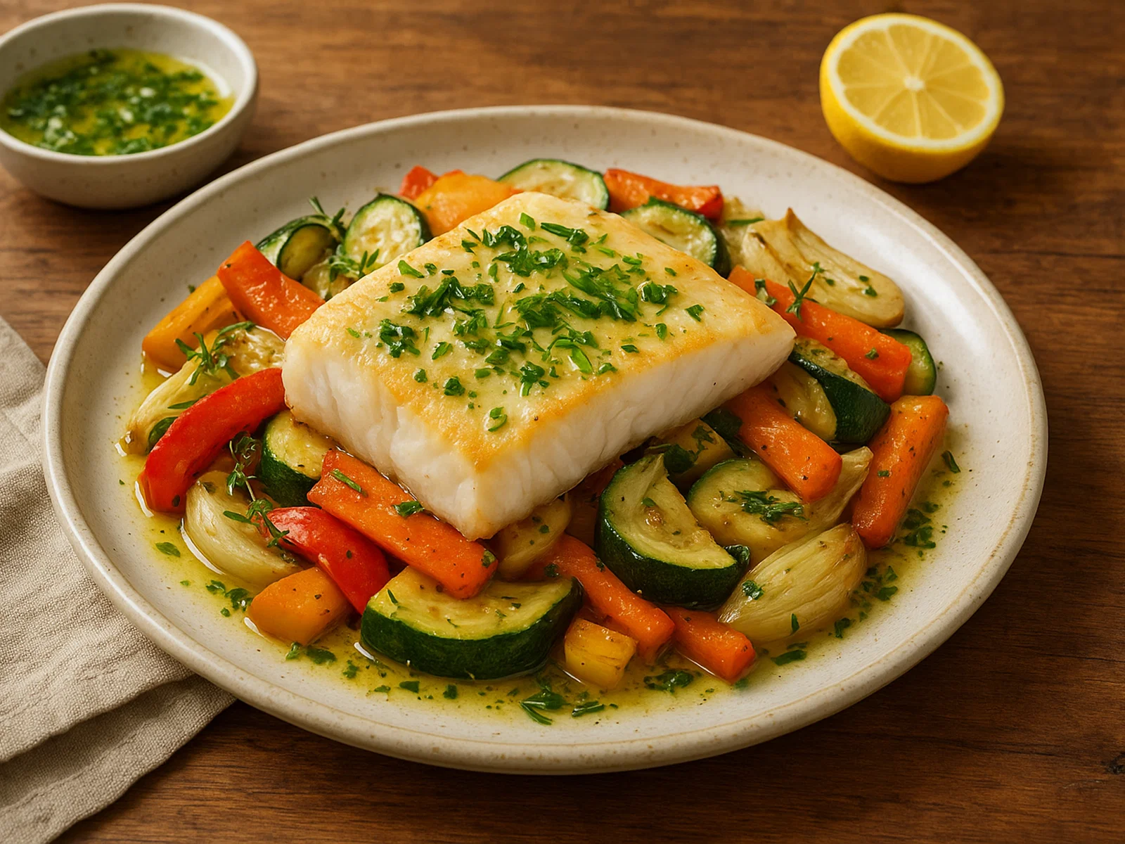 Eisfisch auf Ofengemüse mit Zitronen-Kräuter-Öl