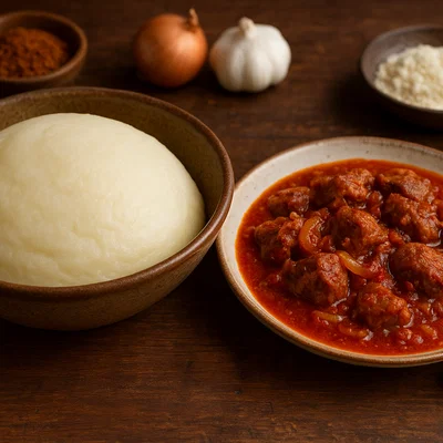 Funje mit würziger Tomaten-Fleisch-Sauce (Angola)
