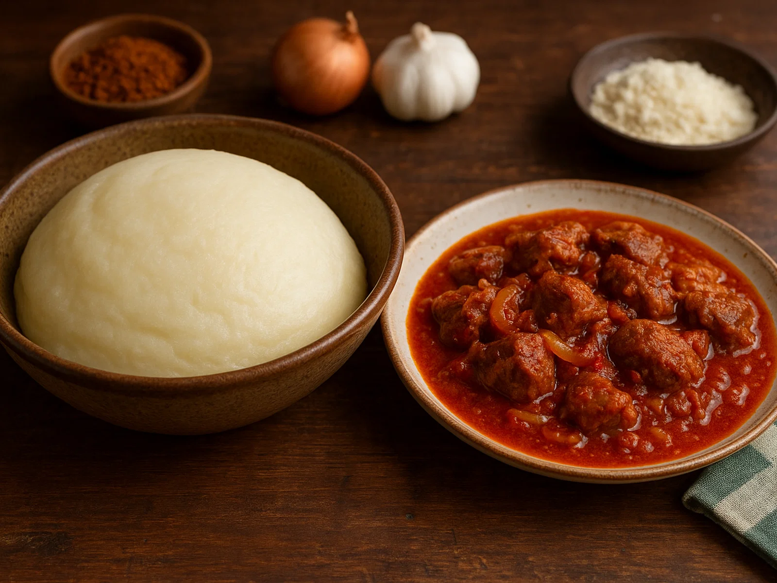 Funje mit würziger Tomaten-Fleisch-Sauce (Angola)