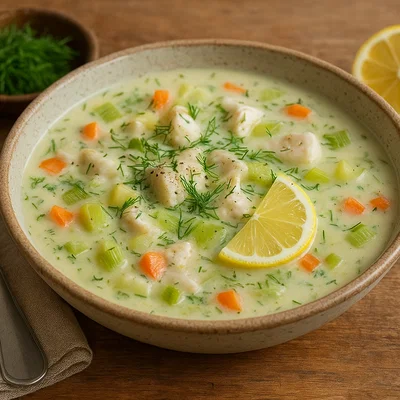 Cremige Seelachs-Suppe mit Dill und Zitrone