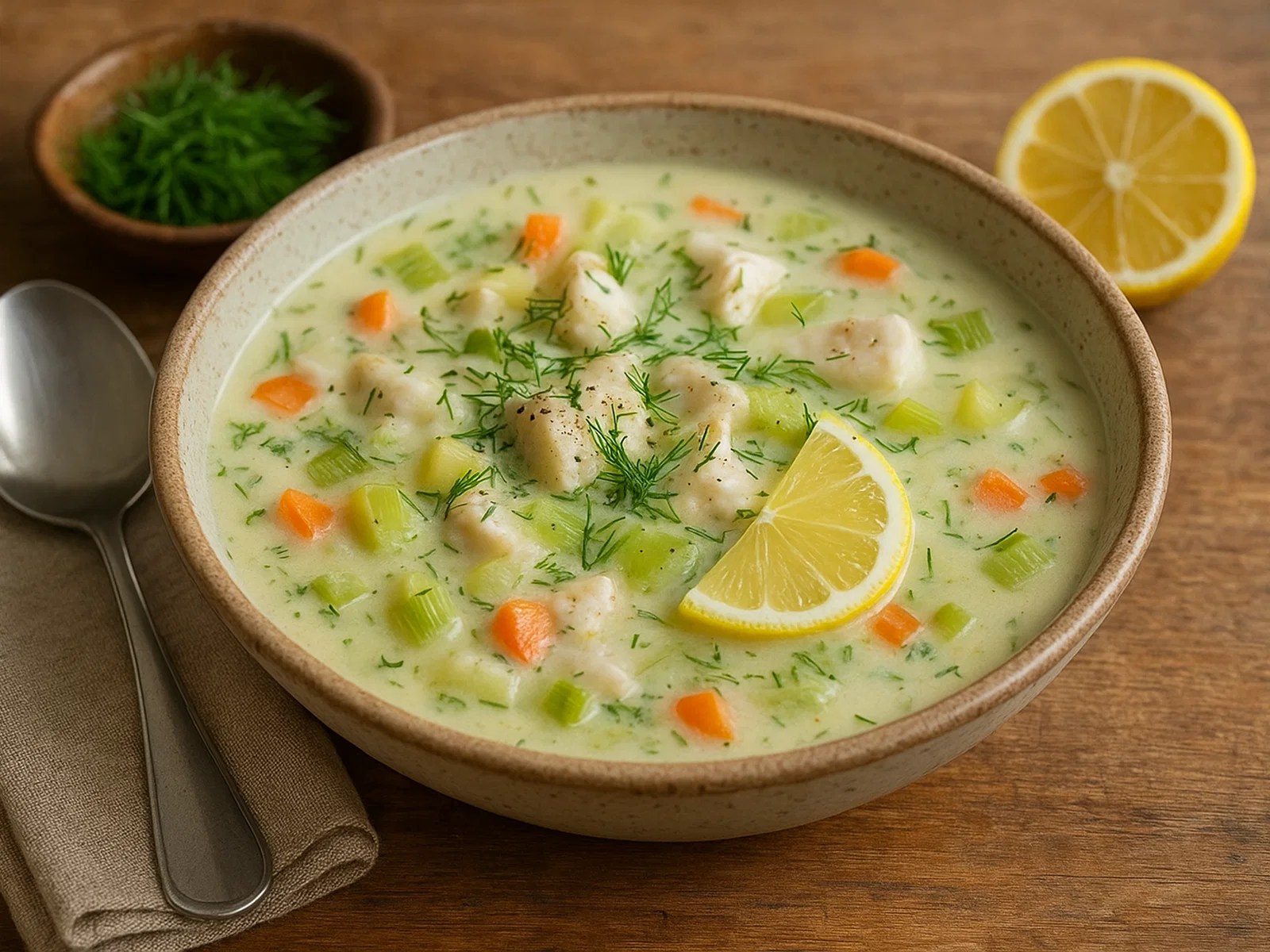 Cremige Seelachs-Suppe mit Dill und Zitrone