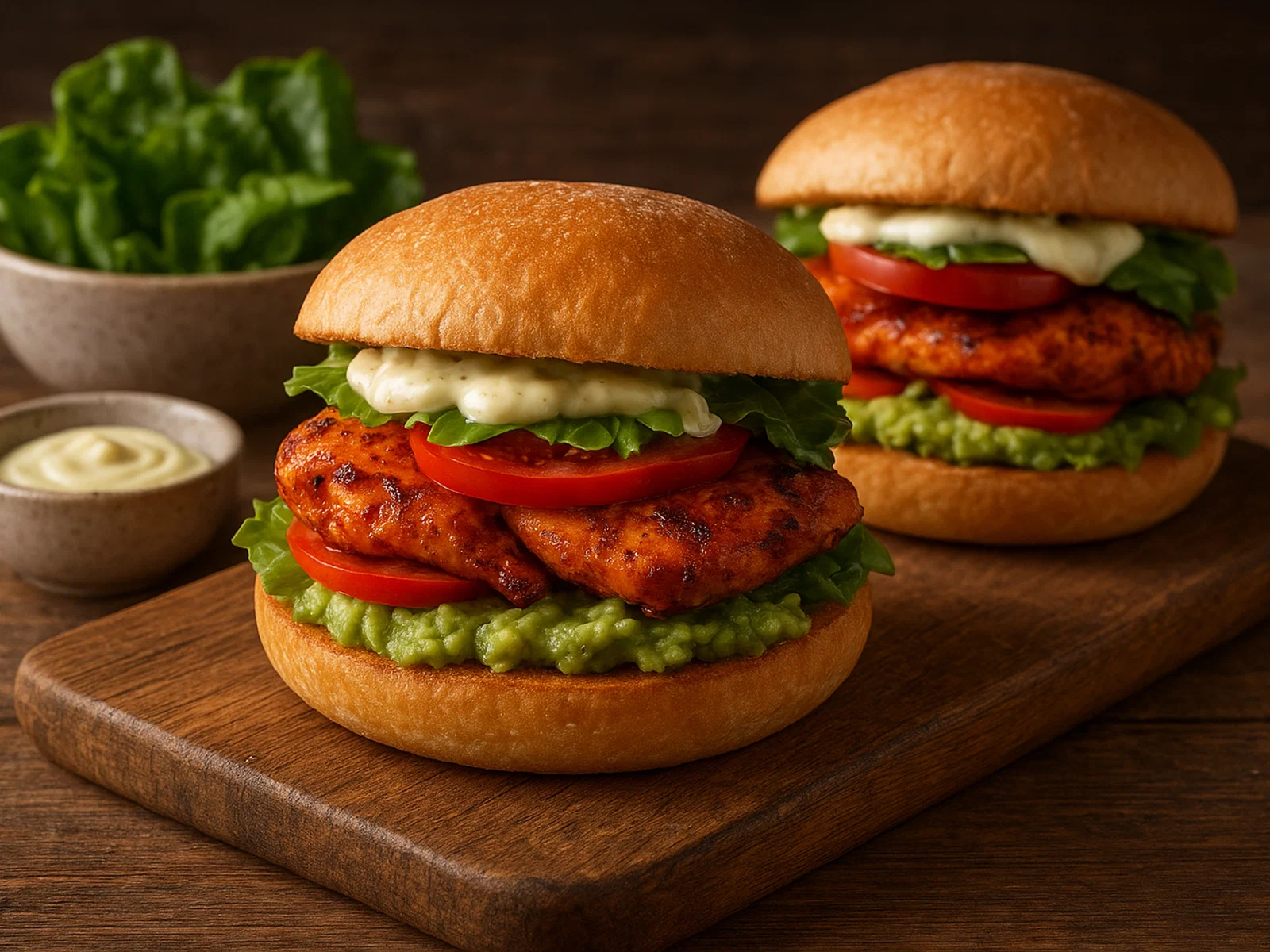 Harissa-Hähnchen-Sandwiches mit Avocado und Knoblauch-Aioli