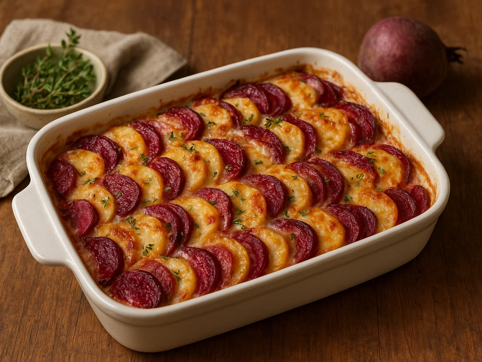 Rote-Bete- und Kartoffelgratin mit Thymian