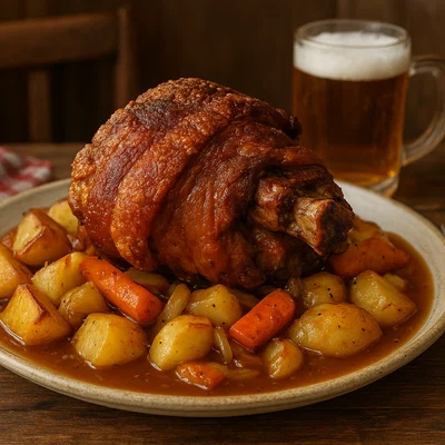 Knusprige Schweinshaxe mit Ofenkartoffeln