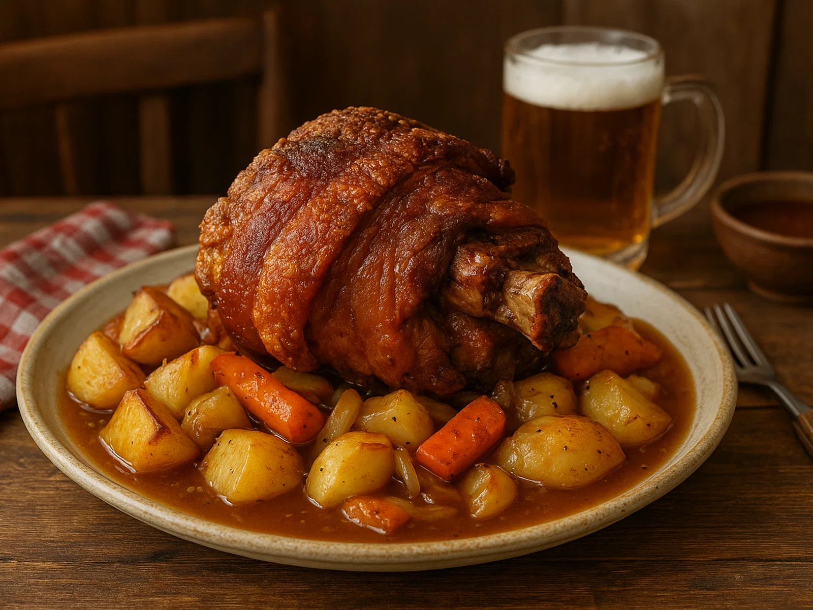 Knusprige Schweinshaxe mit Ofenkartoffeln