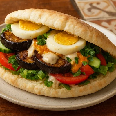 Sabich – israelisches Pita-Sandwich mit Aubergine, Ei und Tahini