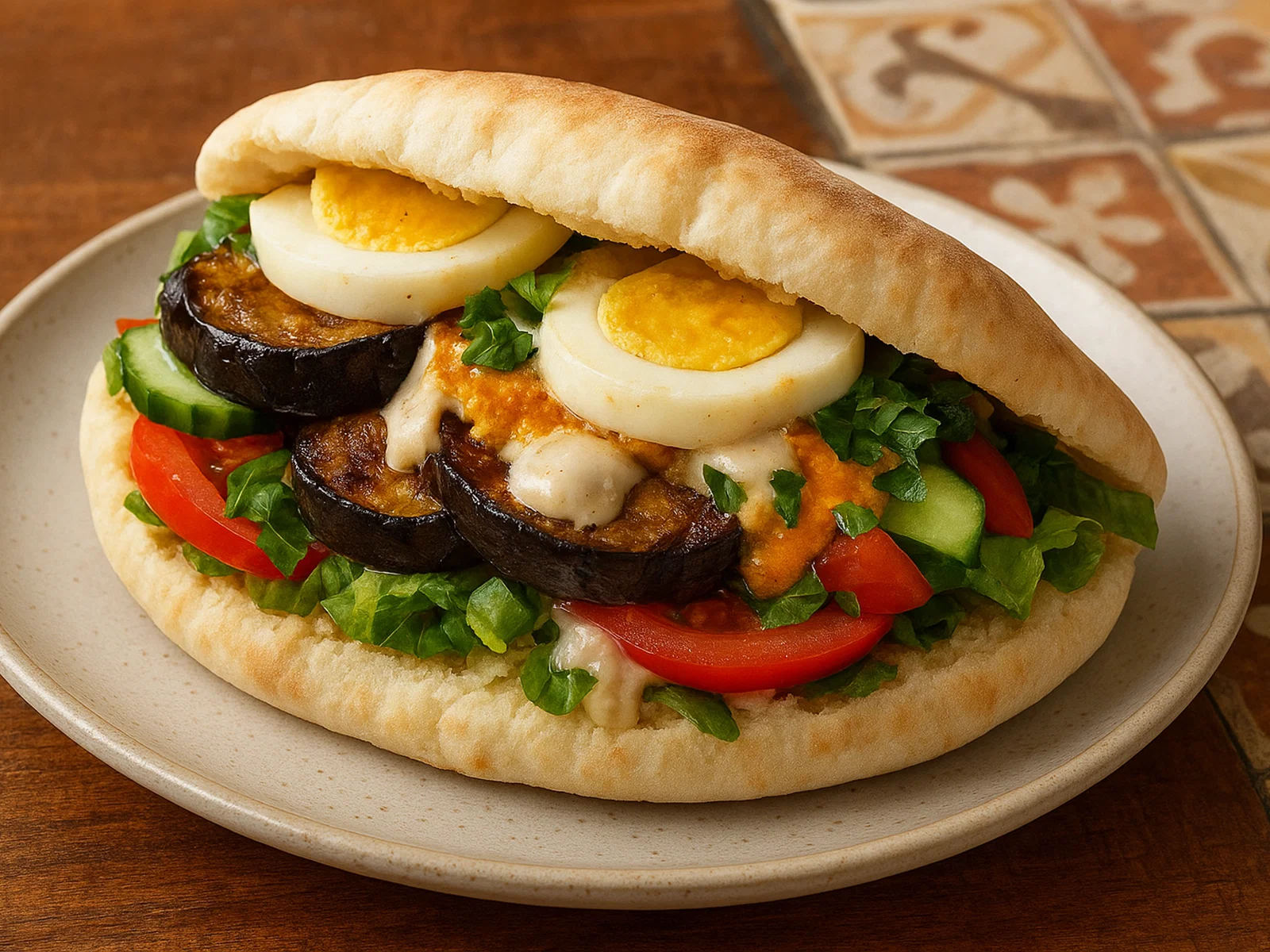 Sabich – israelisches Pita-Sandwich mit Aubergine, Ei und Tahini
