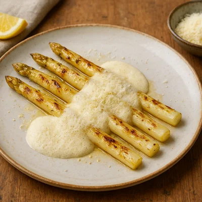 Gegrillter weißer Spargel mit Parmesanschaum