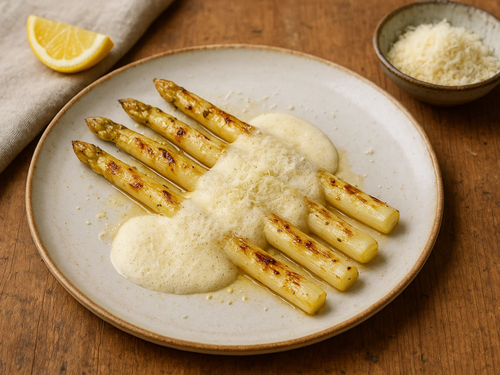 Gegrillter weißer Spargel mit Parmesanschaum