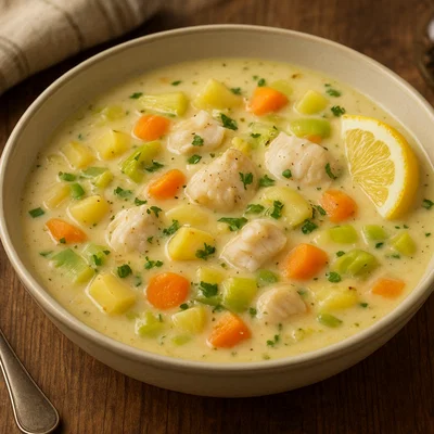 Norwegische Fischsuppe mit Kartoffeln und Gemüse