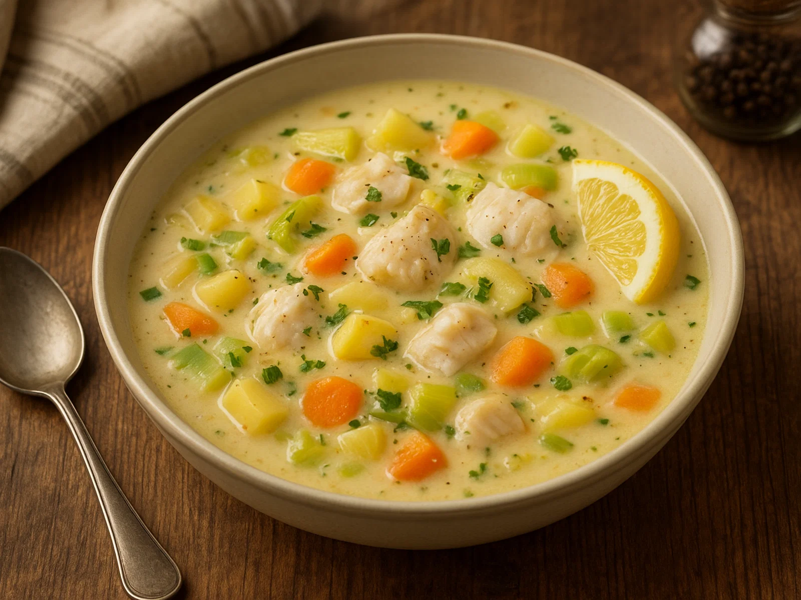 Norwegische Fischsuppe mit Kartoffeln und Gemüse
