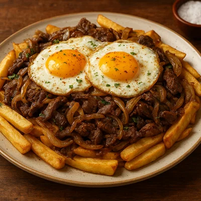 Chilenische Chorillana mit Rindfleisch, Zwiebeln und Ei