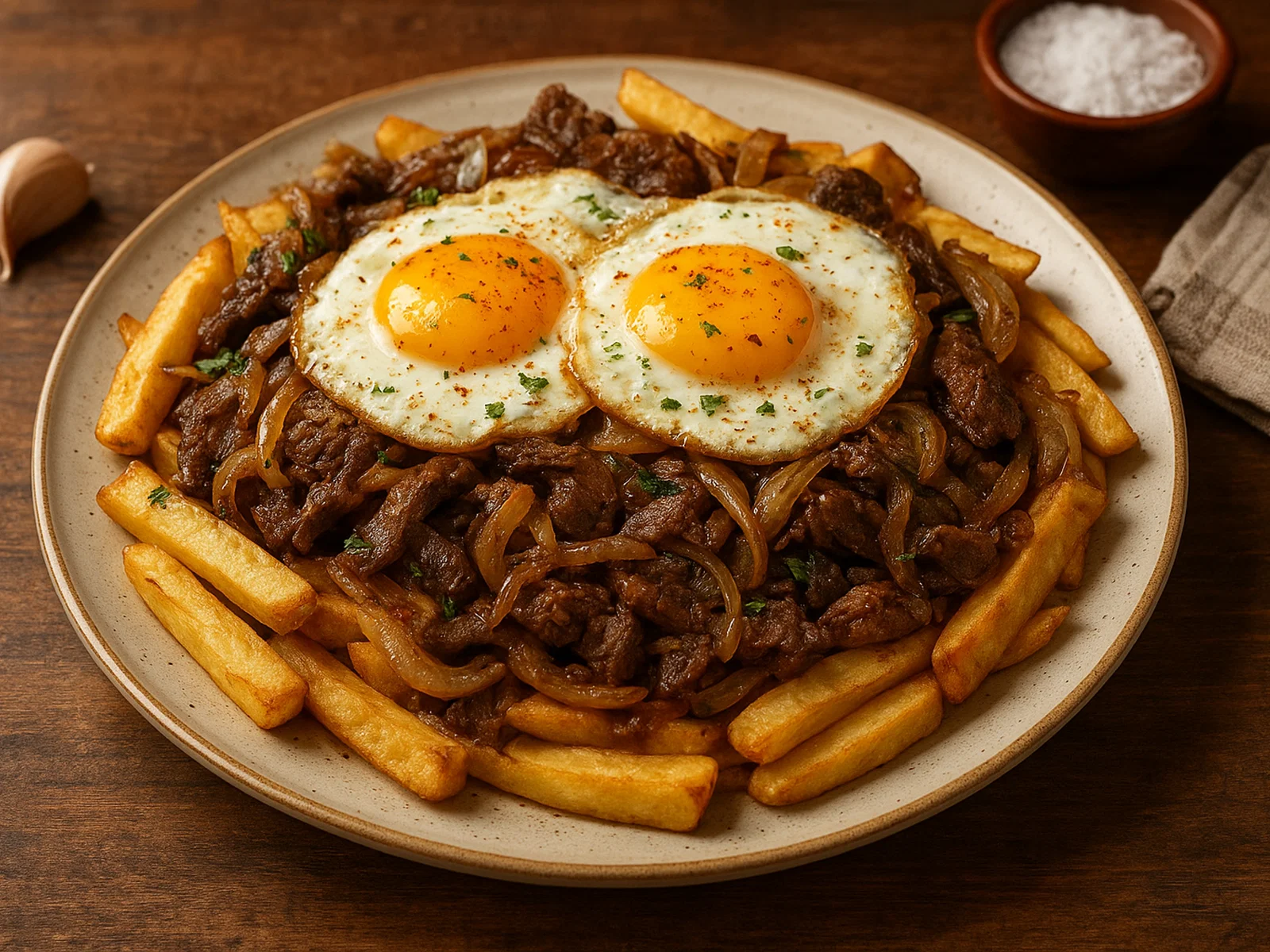 Chilenische Chorillana mit Rindfleisch, Zwiebeln und Ei