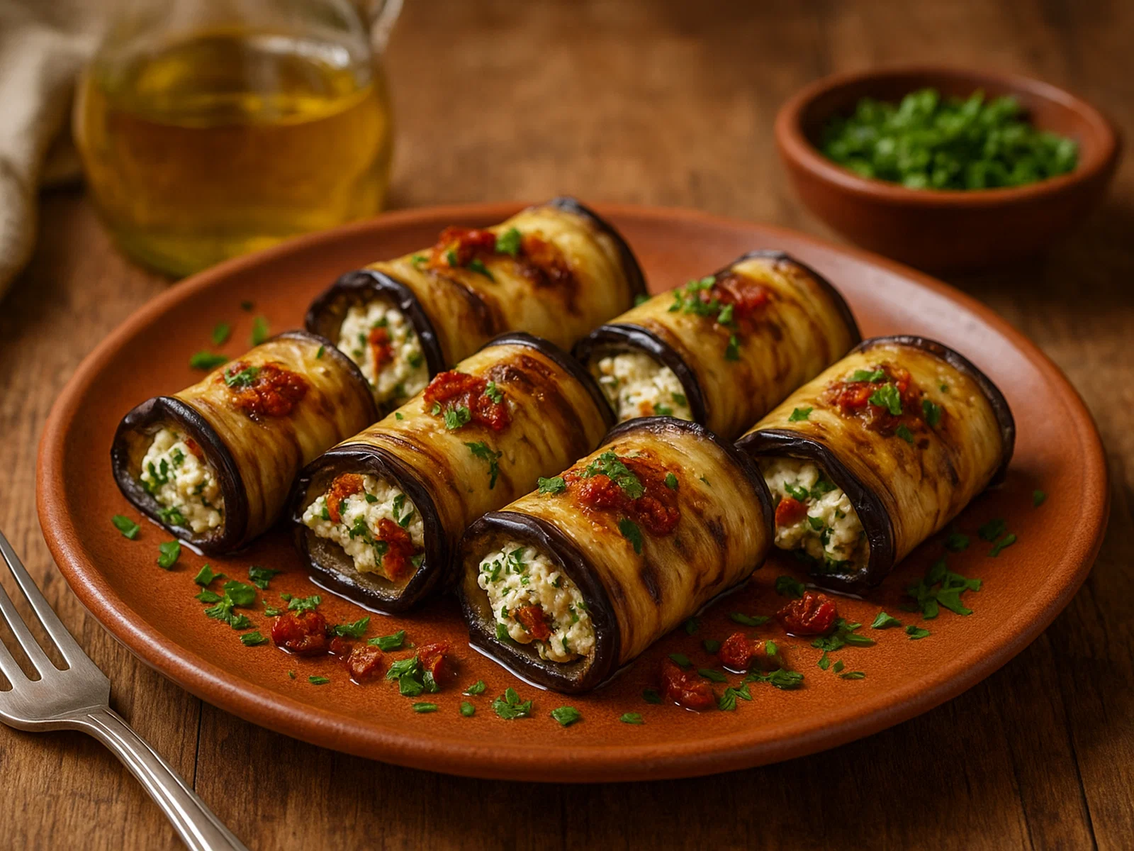 Mediterrane Auberginen-Röllchen mit Feta und Kräutern