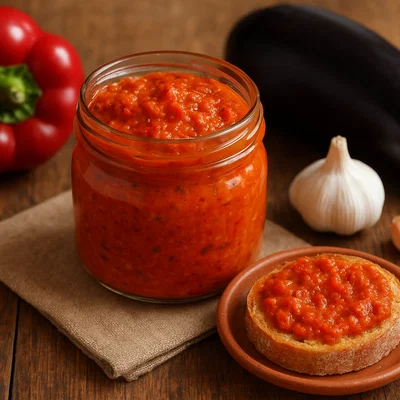 Hausgemachter Ajvar aus gerösteter Paprika und Aubergine