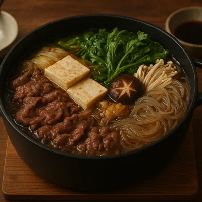 Japanisches Sukiyaki im Topf (mit Glasnudeln)