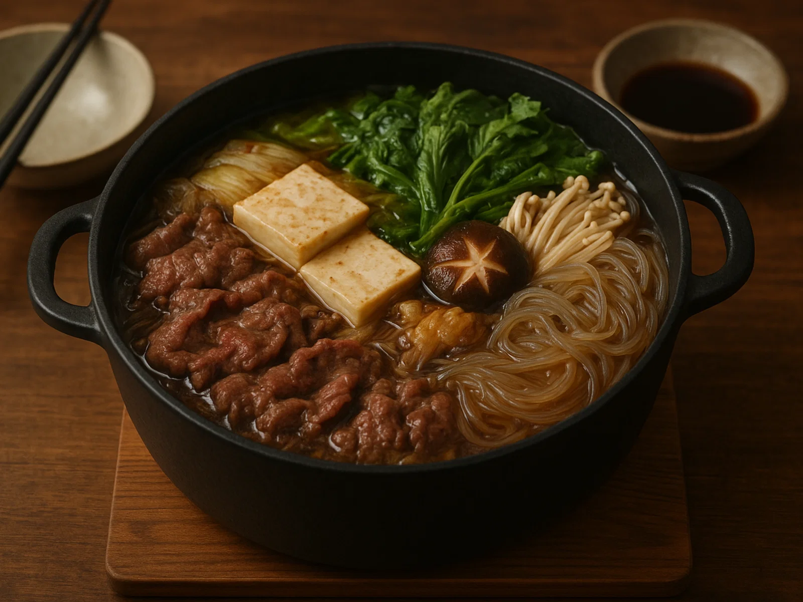 Japanisches Sukiyaki im Topf (mit Glasnudeln)