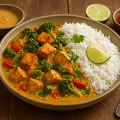 Cremiges Erdnussbutter-Tofu-Curry mit Jasminreis