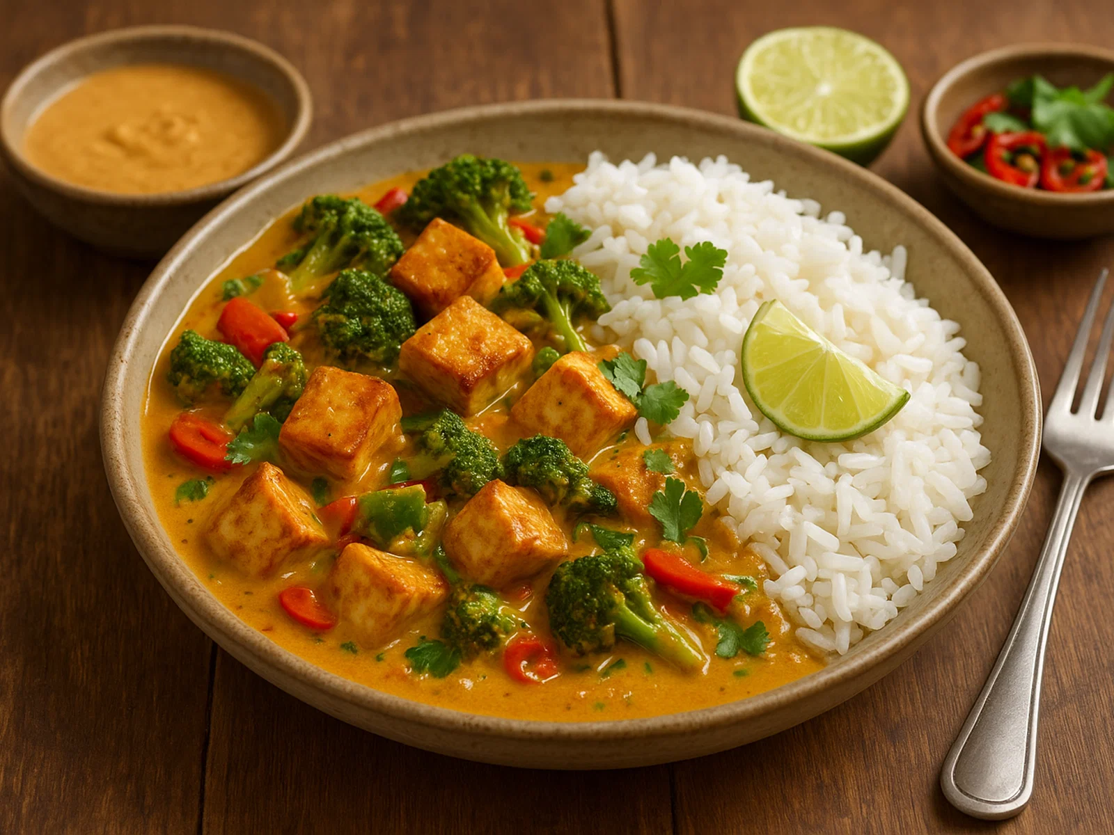 Cremiges Erdnussbutter-Tofu-Curry mit Jasminreis