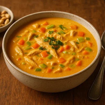 Cremige Pinda Soep (Niederländische Erdnusssuppe mit Huhn)