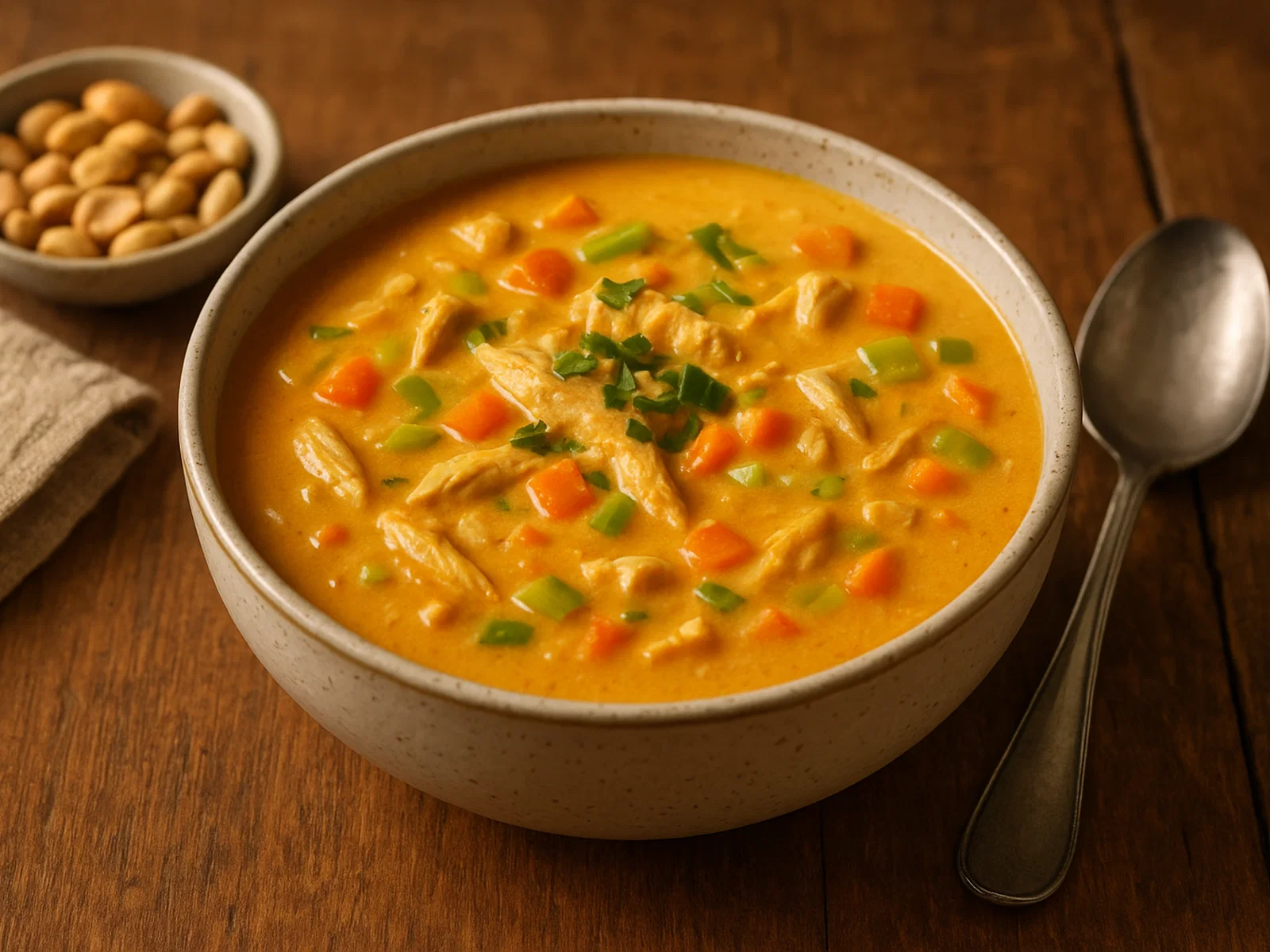 Cremige Pinda Soep (Niederländische Erdnusssuppe mit Huhn)