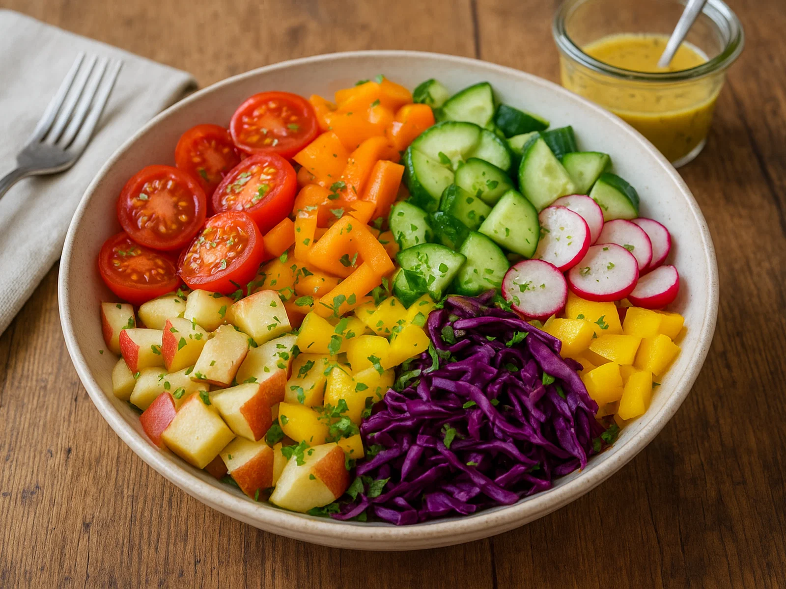 Bunter Regenbogen-Salat mit Honig-Senf-Vinaigrette