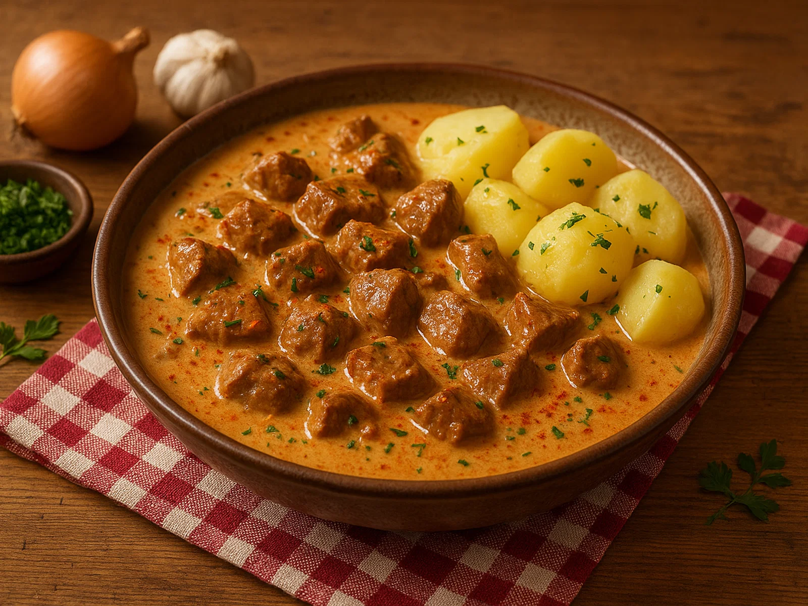 Stamakken – geschmortes Rindfleisch in würziger Rahmsauce