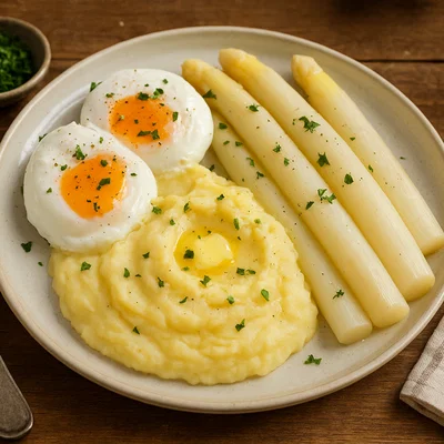 Pochierte Eier mit weißen Spargelspitzen und cremigem Kartoffelpüree