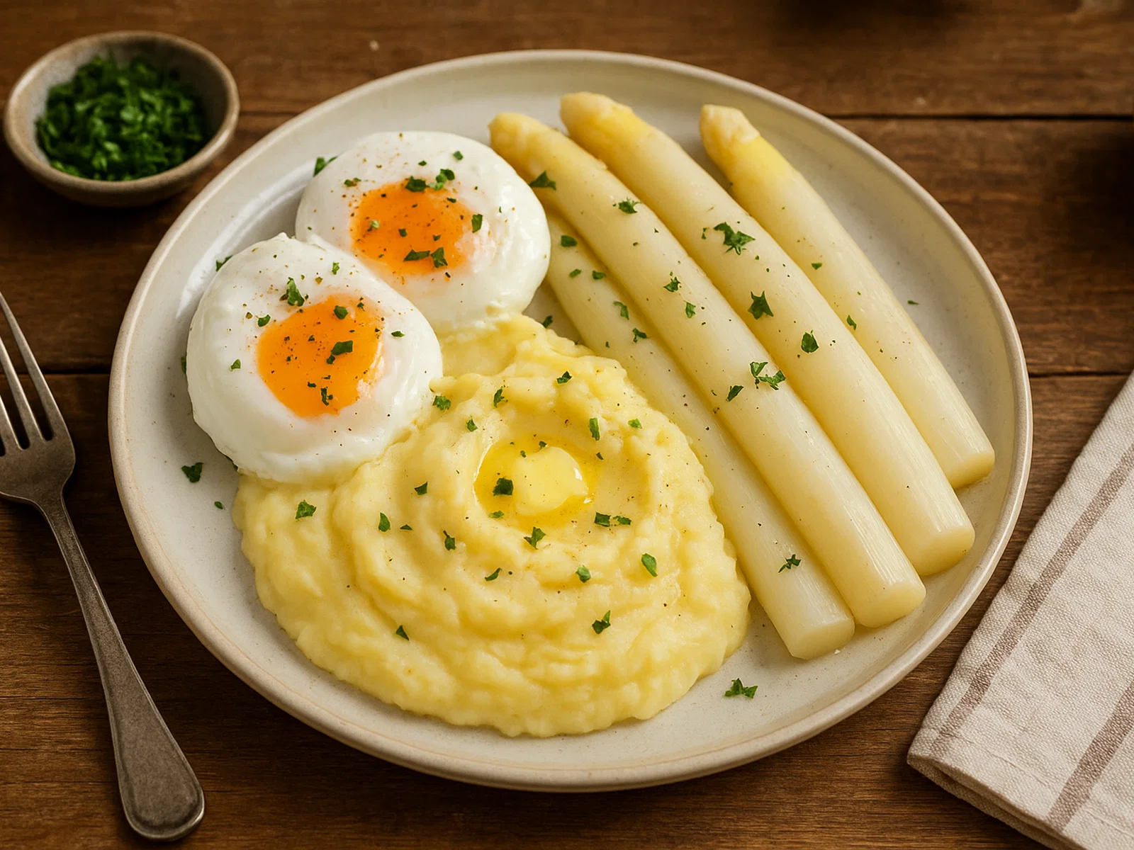 Pochierte Eier mit weißen Spargelspitzen und cremigem Kartoffelpüree