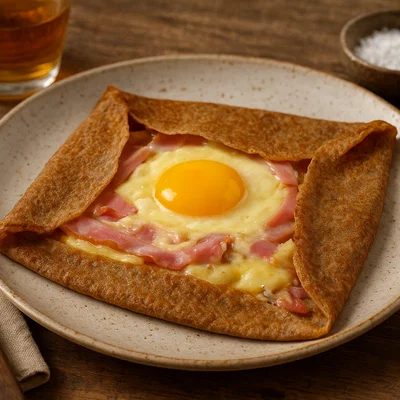 Bretonische Buchweizen-Galettes mit Käse, Schinken und Ei