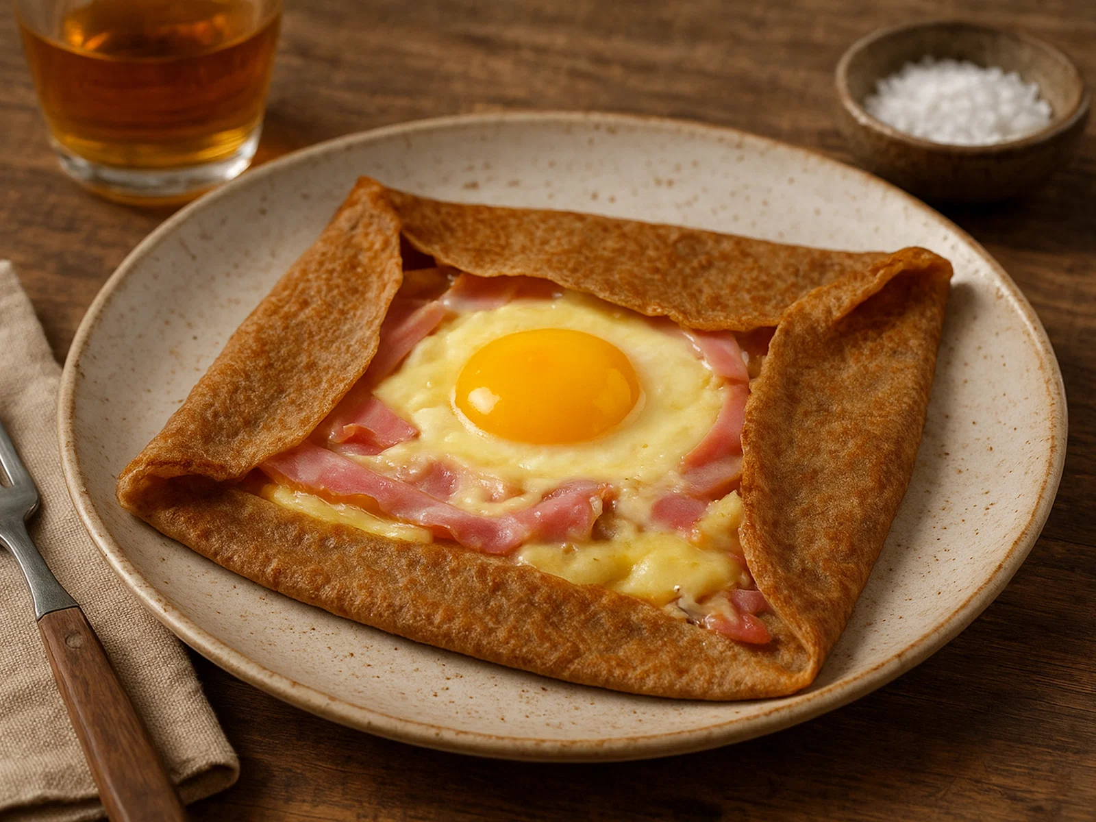 Bretonische Buchweizen-Galettes mit Käse, Schinken und Ei