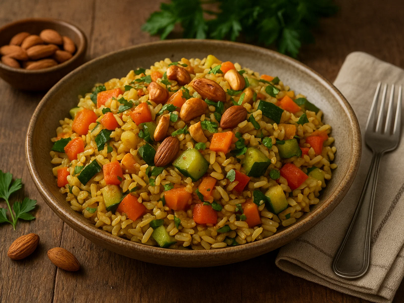 Aromatischer Gemüse-Pilaw mit Nüssen