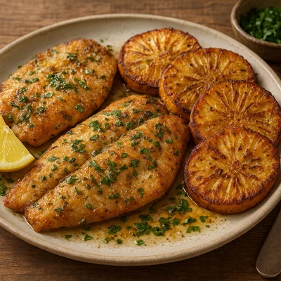 Gebratener Fisch mit knuspriger Brotfrucht aus dem Ofen