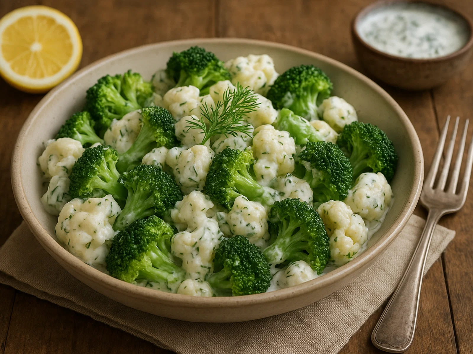 Brokkoli-Blumenkohl-Salat mit Joghurt-Dill-Dressing