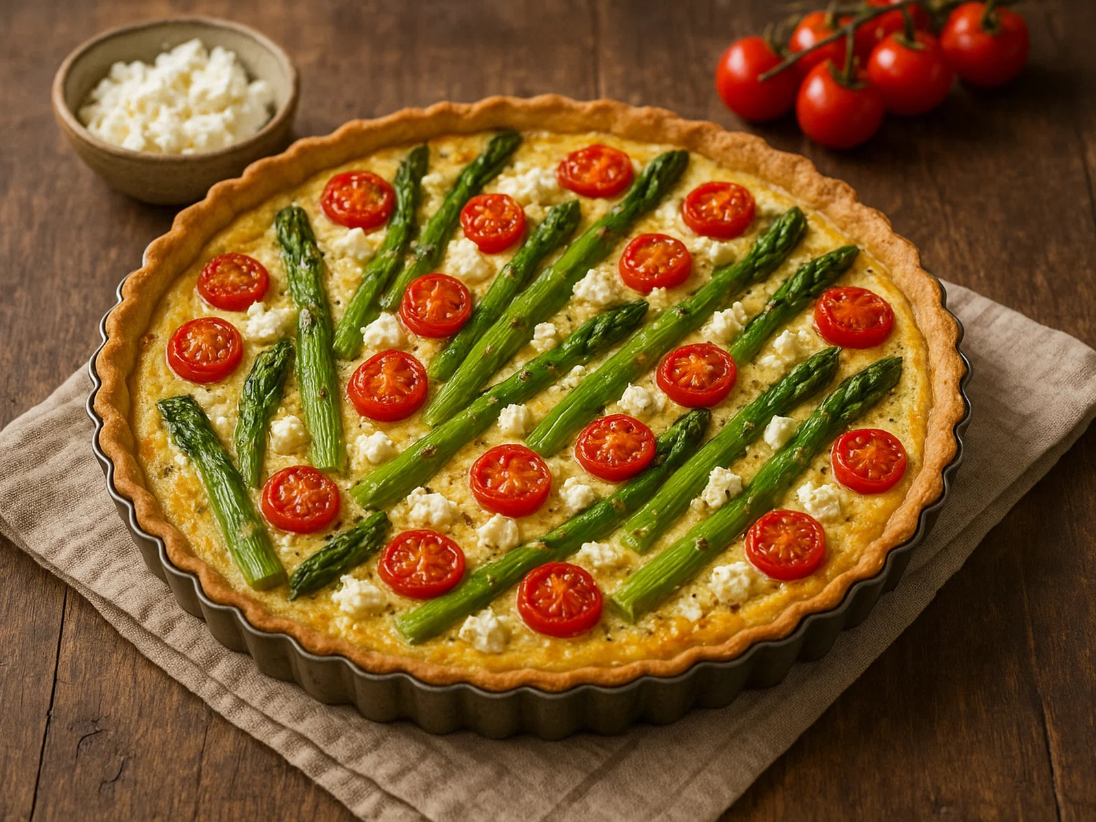 Spargel-Tarte mit Kirschtomaten und Feta