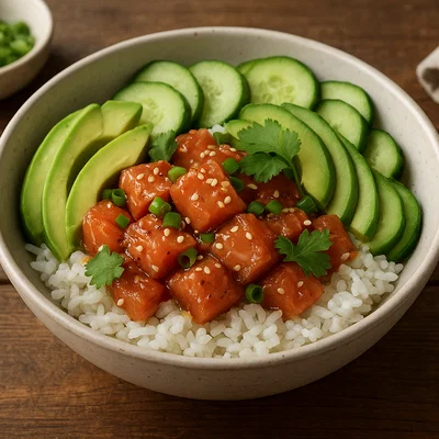 Hawaiianische Poke Bowl mit Lachs, Avocado und Gurke