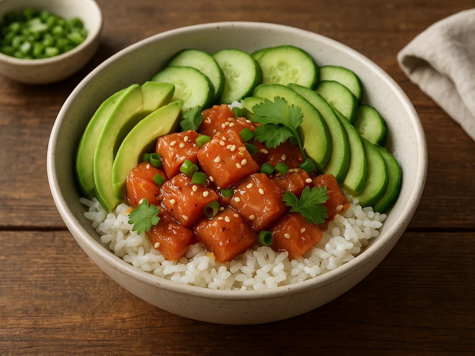 Hawaiianische Poke Bowl mit Lachs, Avocado und Gurke