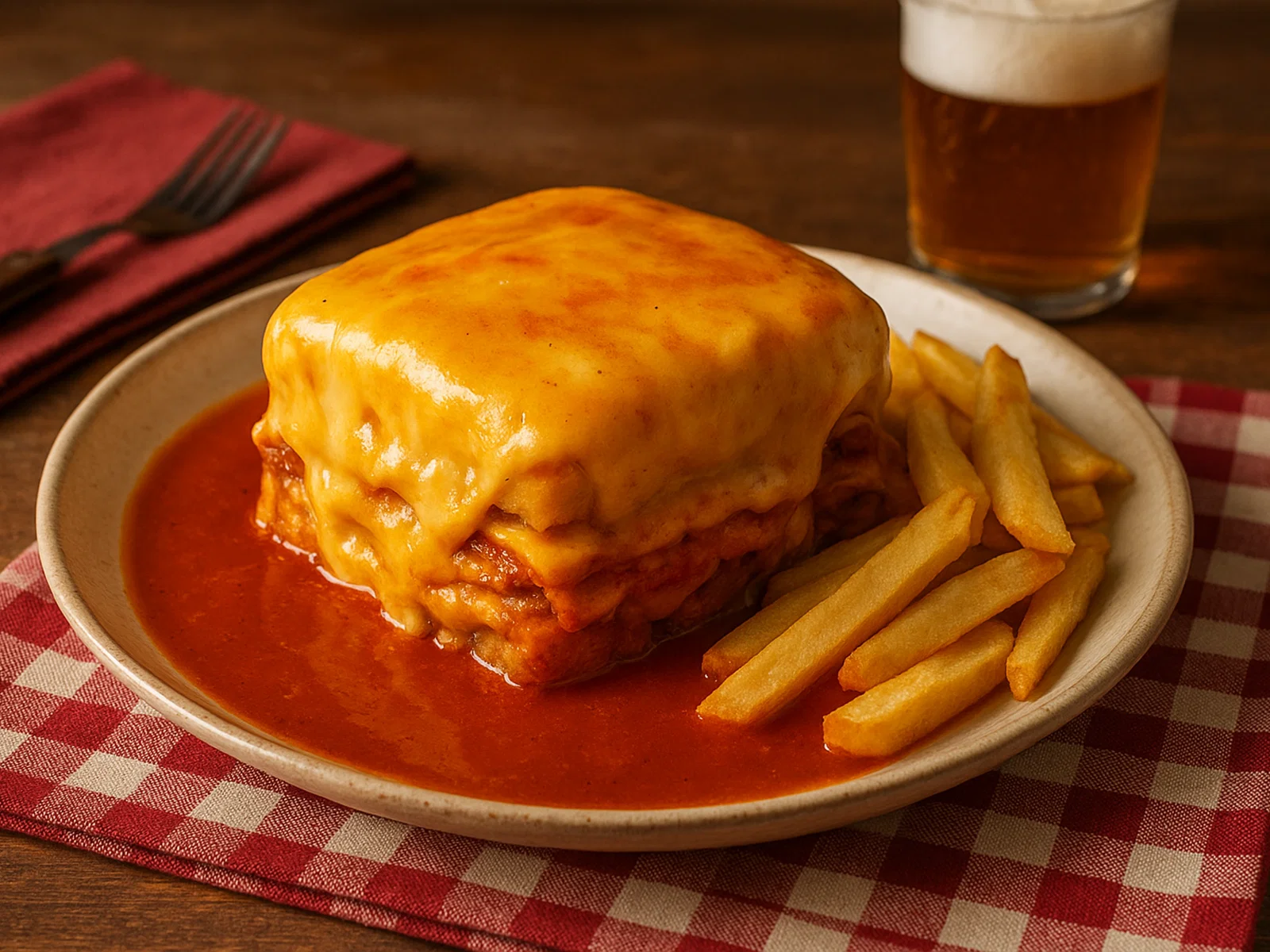 Francesinha – Portugiesisches Überbackenes Fleisch-Sandwich