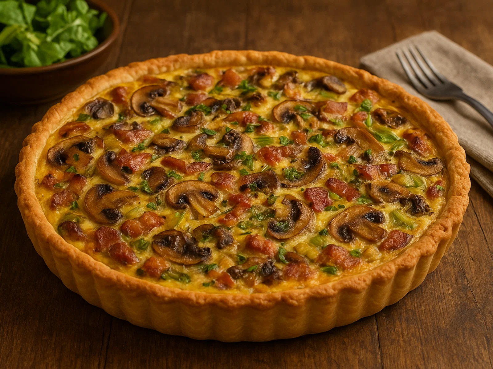 Pilzquiche mit Speck und Lauch