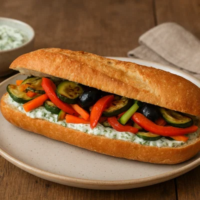 Bunter Veggie-Baguette mit Kräuter-Joghurt-Sauce