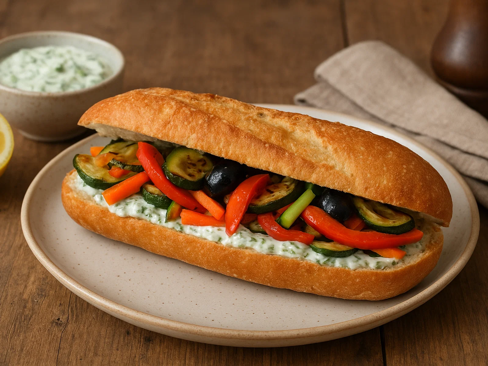Bunter Veggie-Baguette mit Kräuter-Joghurt-Sauce