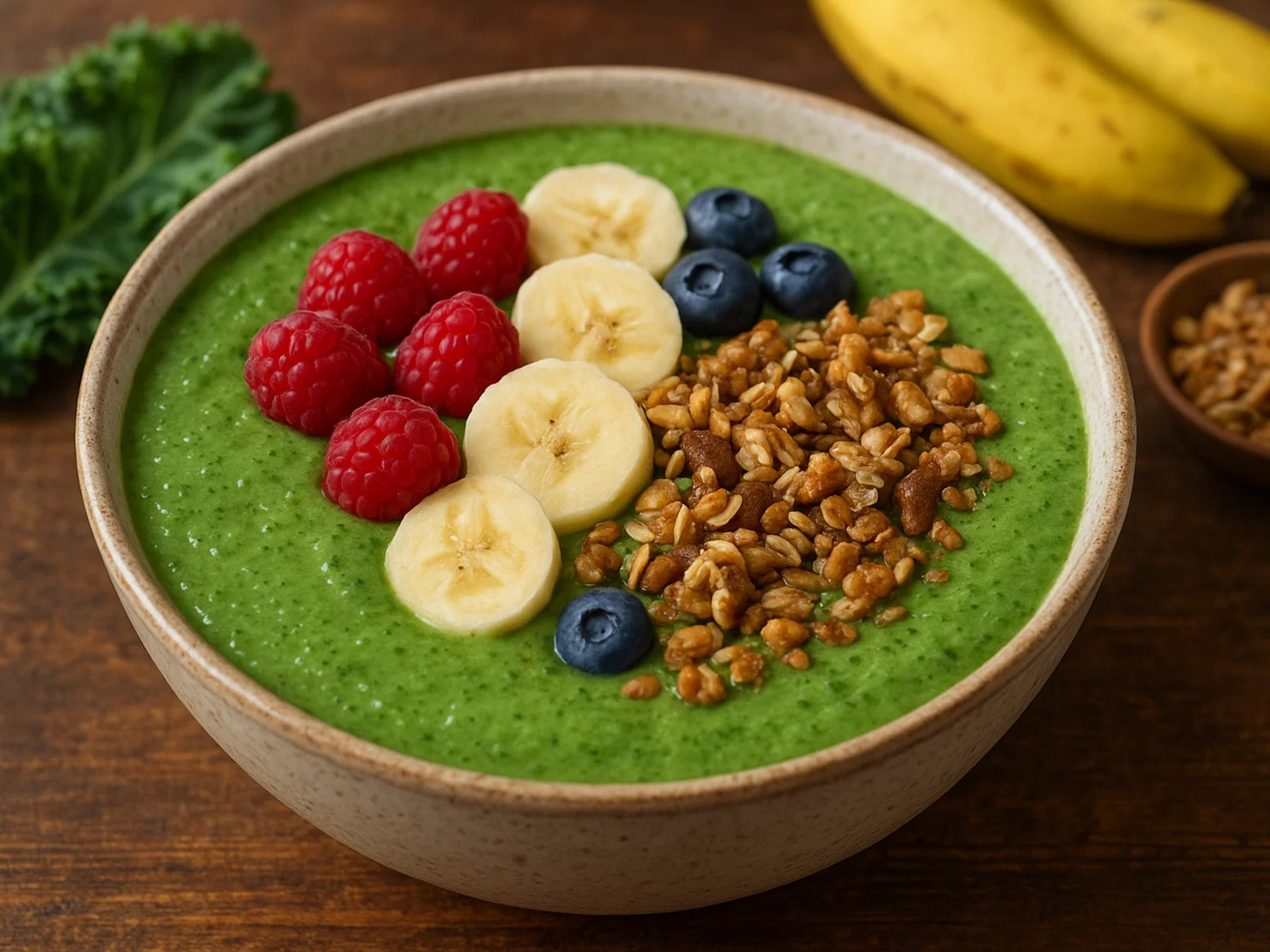 Grünkohl-Smoothie-Bowl mit Banane, Beeren und Crunch-Topping