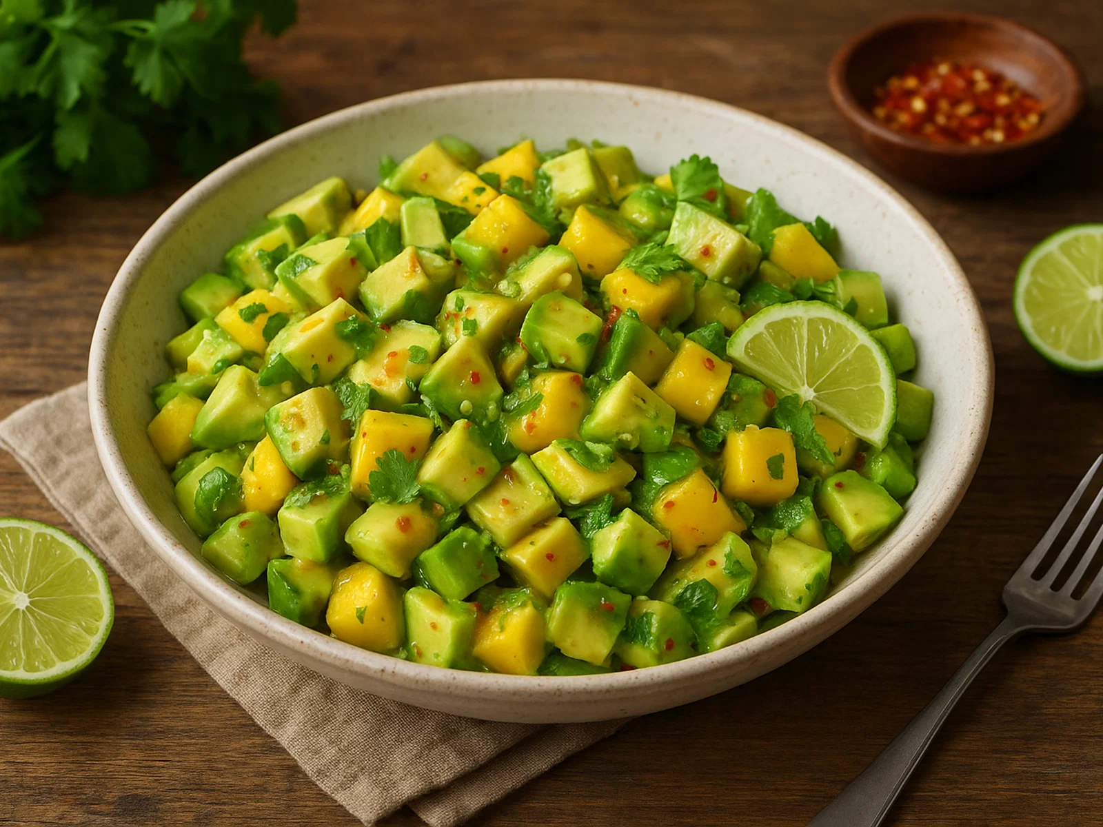 Avocado-Salat mit Mango und Limetten-Chili-Dressing