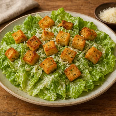 Römersalat mit Caesar-Dressing und knusprigen Croutons