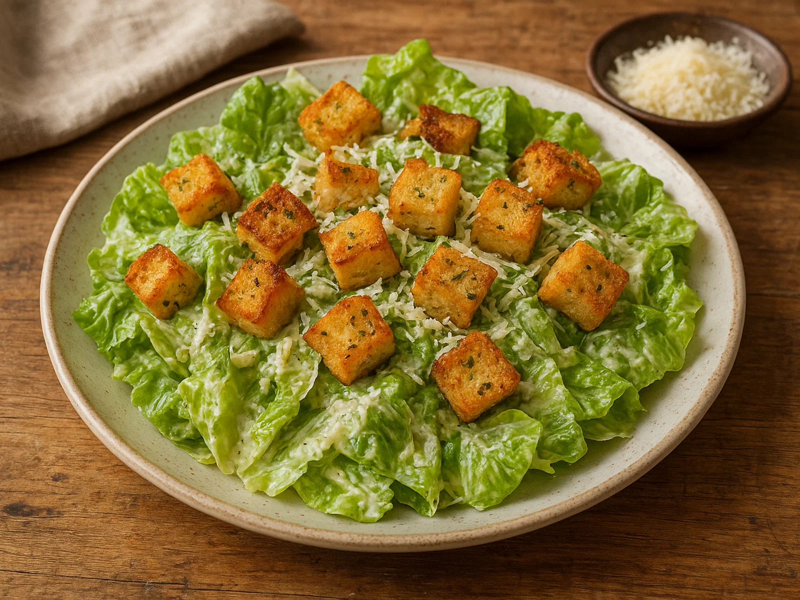 Römersalat mit Caesar-Dressing und knusprigen Croutons