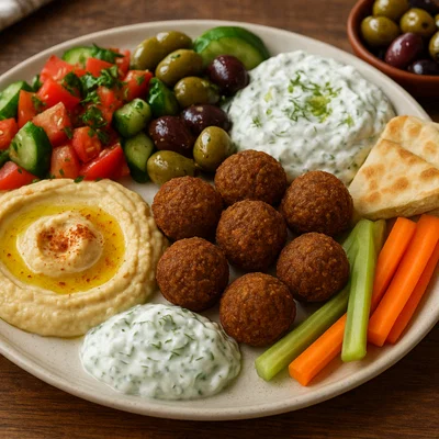 Mediterrane Meze-Platte mit Hummus, Falafel, Tsatsiki und Beilagen