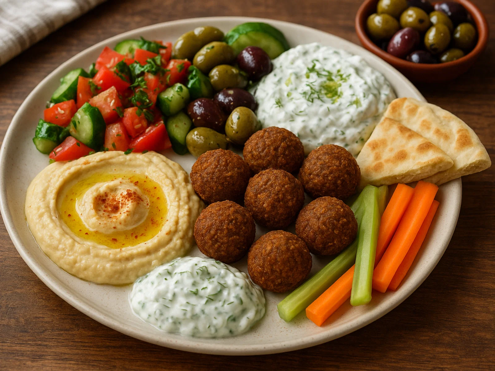 Mediterrane Meze-Platte mit Hummus, Falafel, Tsatsiki und Beilagen