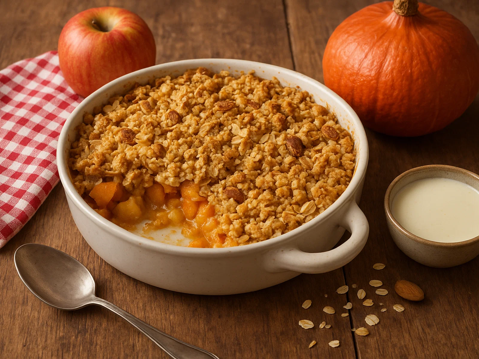 Kürbis-Apfel-Crumble mit Haferflocken-Mandel-Streuseln