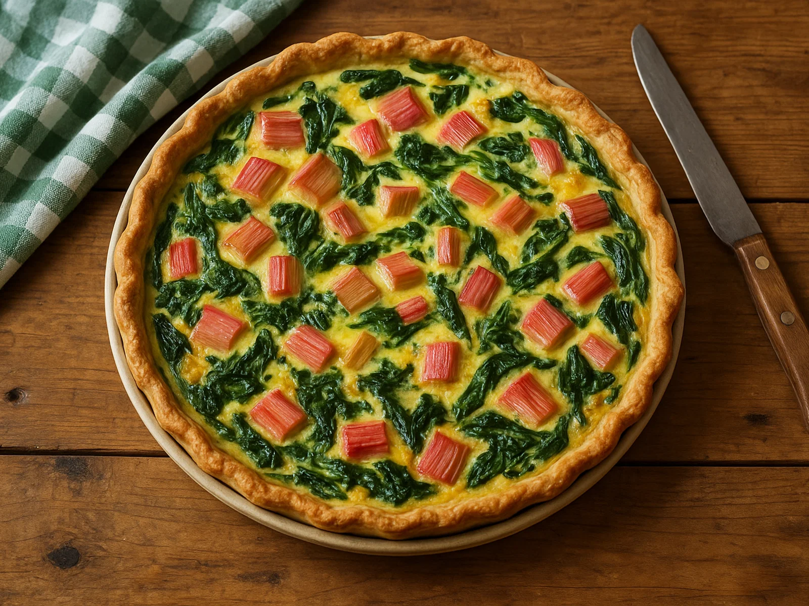 Rhabarber-Spinat-Quiche mit knusprigem Mürbeteig